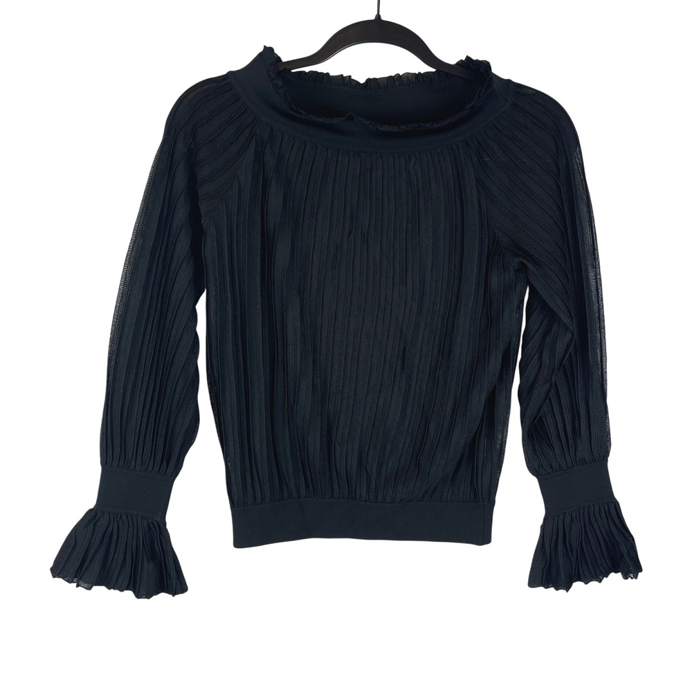 Luxman Black Pleated Knit Boat‎ Neck Top with Ruffle Cuffs Size 11A 170/88A M